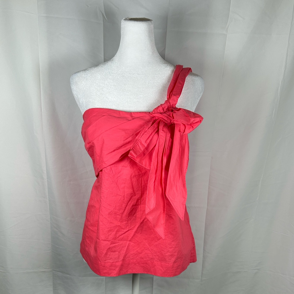 J Crew One Shoulder Blouse Size 6 Coral Pink Bow Detail Statement Top